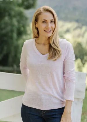 100% Linen Long Sleeve V Neck Tee Shirt Pale Pink