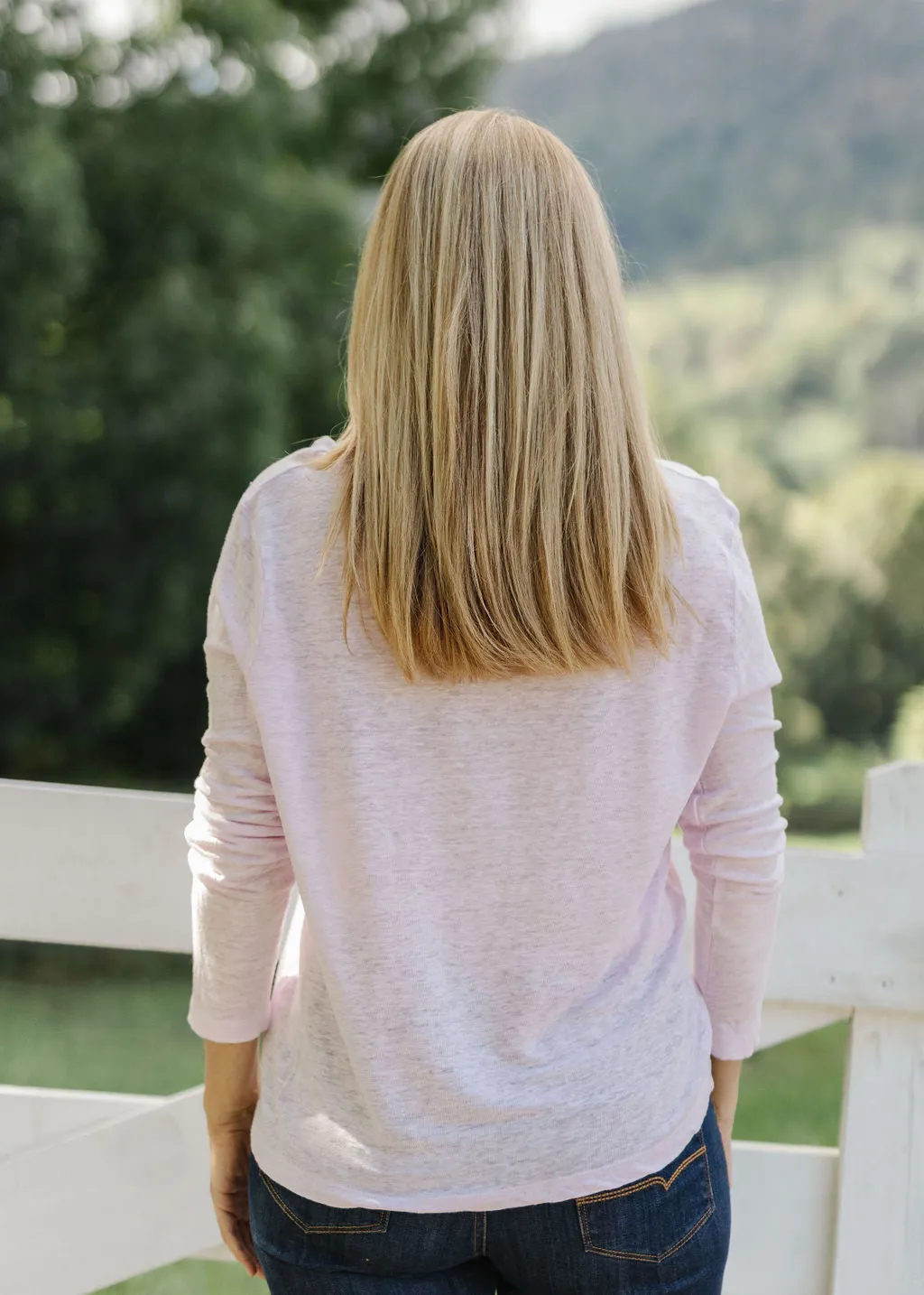100% Linen Long Sleeve V Neck Tee Shirt Pale Pink