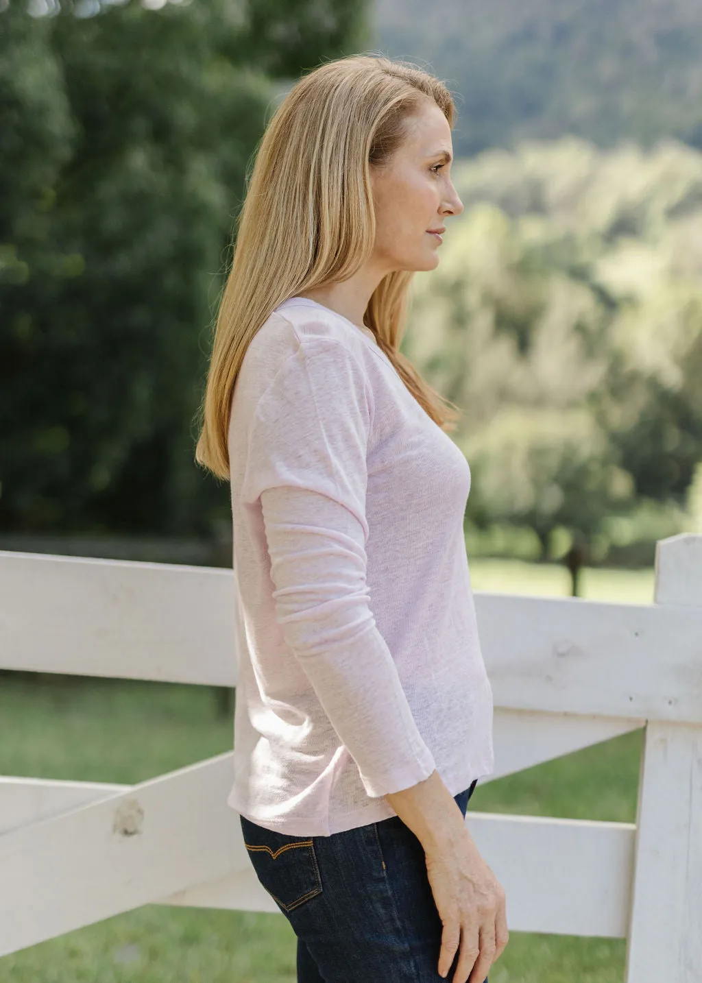 100% Linen Long Sleeve V Neck Tee Shirt Pale Pink