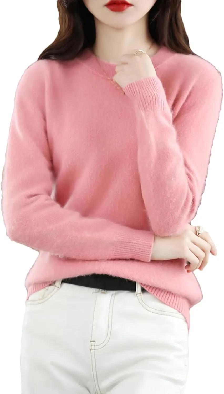 100% Ricenk Cashmere Crewneck Sweater Solid Color Casual Knitted Pullover Tops Basic Jumper