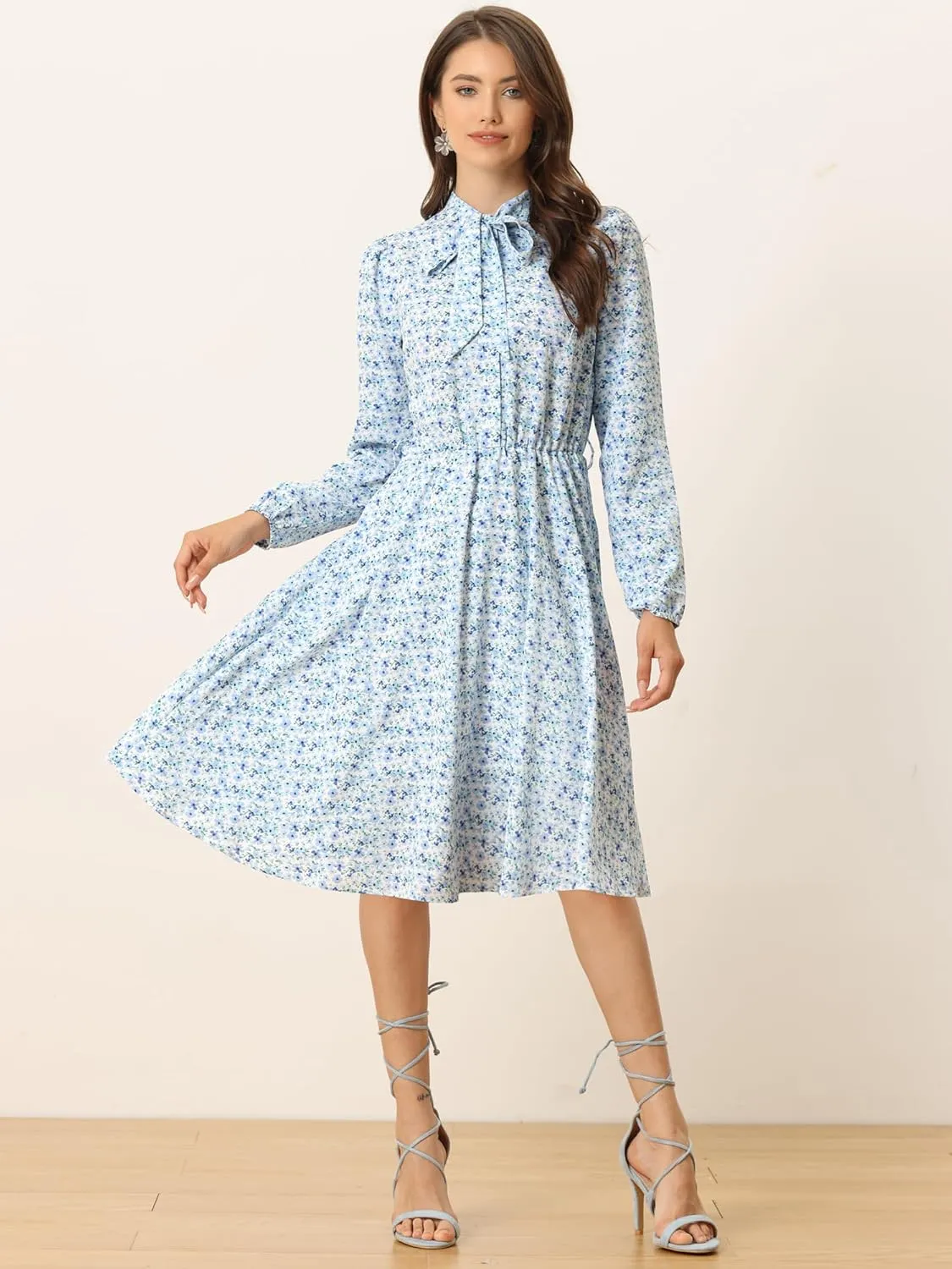 Allegra K Women's Tie Neck Dresses Chiffon Long Sleeve Belted Vintage Floral Dress