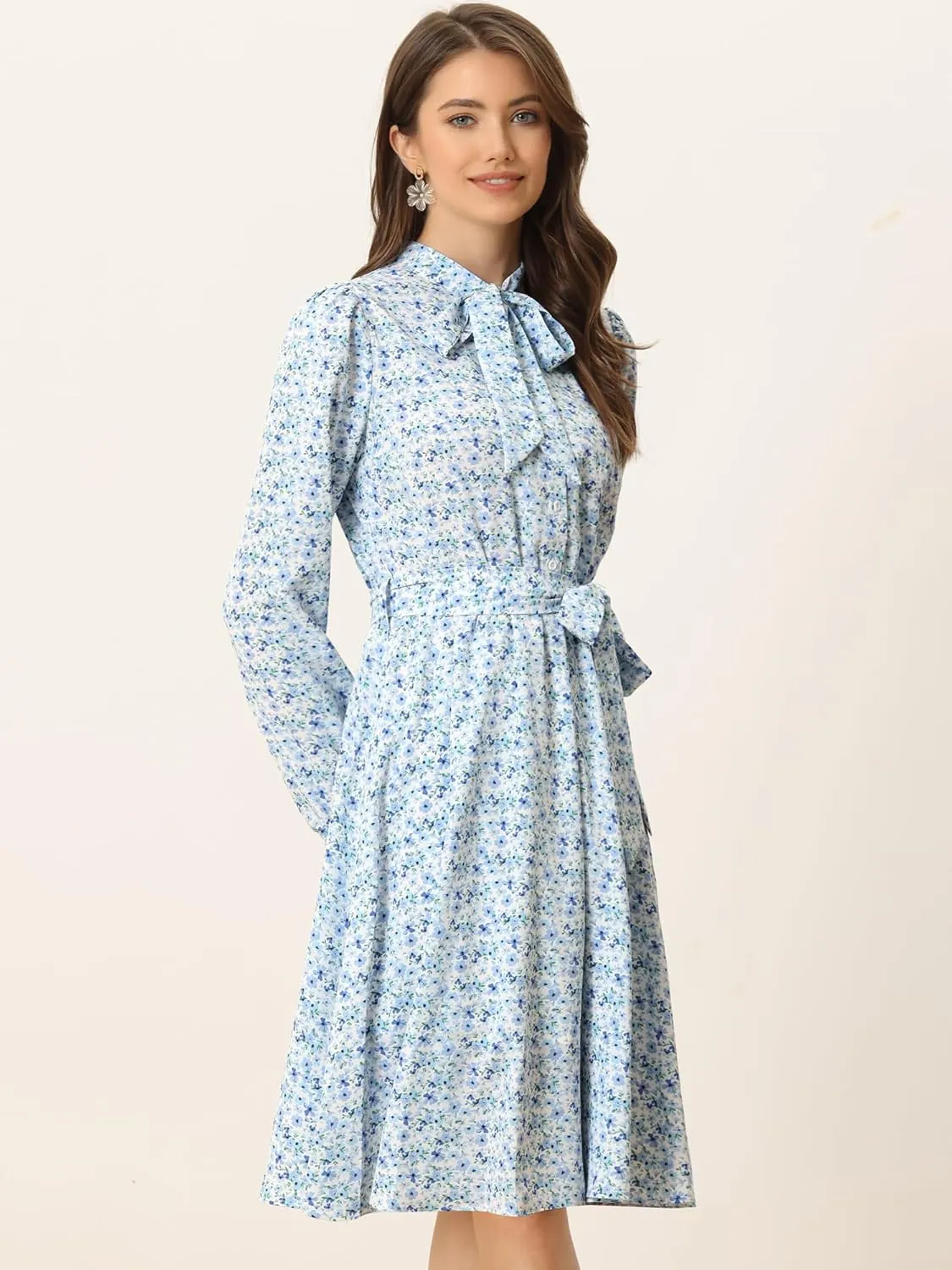 Allegra K Women's Tie Neck Dresses Chiffon Long Sleeve Belted Vintage Floral Dress