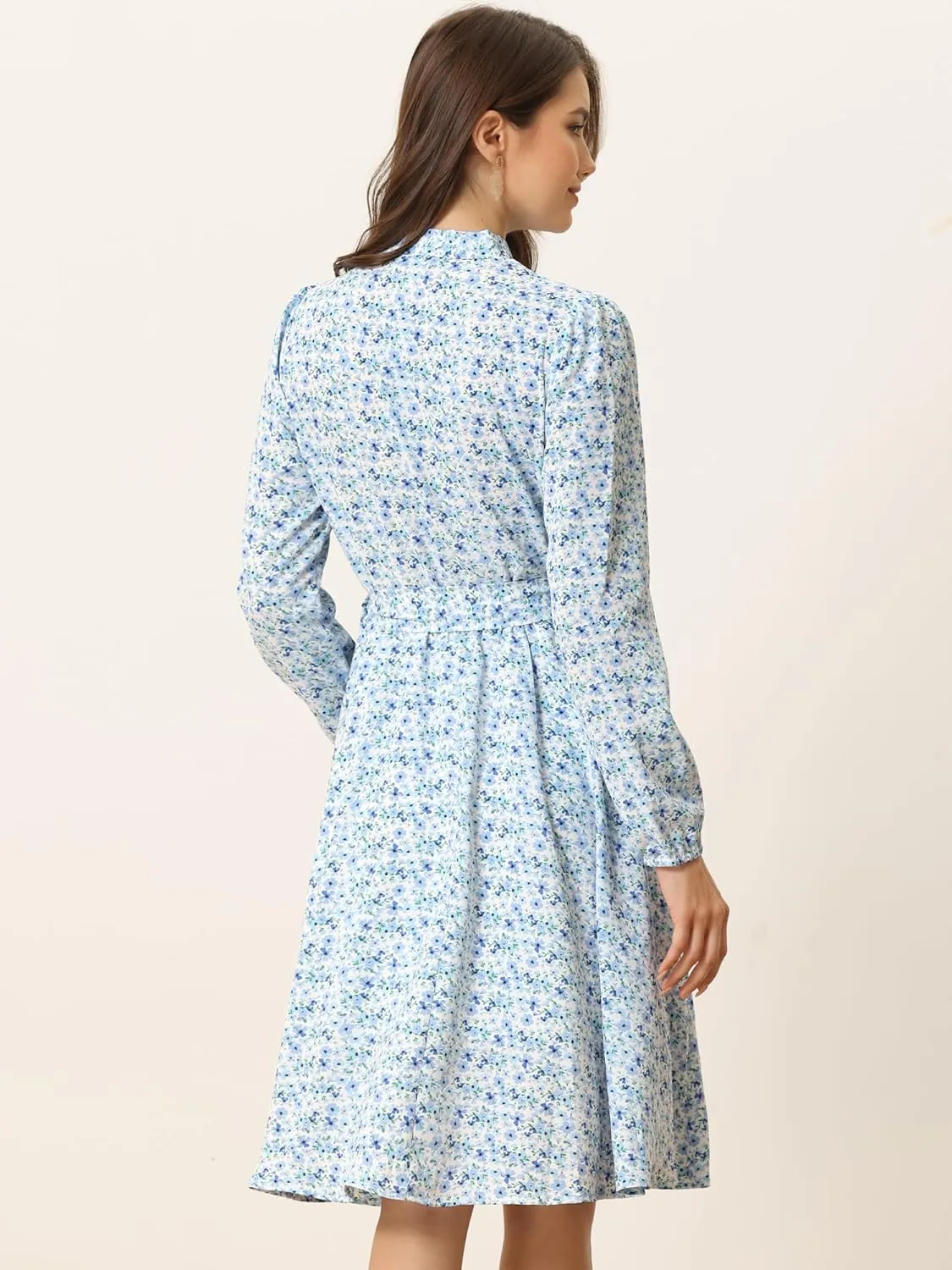 Allegra K Women's Tie Neck Dresses Chiffon Long Sleeve Belted Vintage Floral Dress