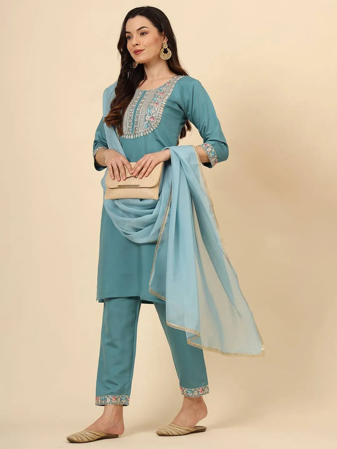 Aqua Blue Trendy Designer Readymade Pant Suit With Embroidery Work