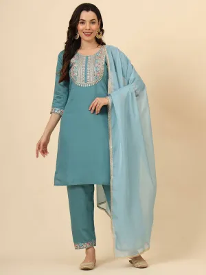 Aqua Blue Trendy Designer Readymade Pant Suit With Embroidery Work