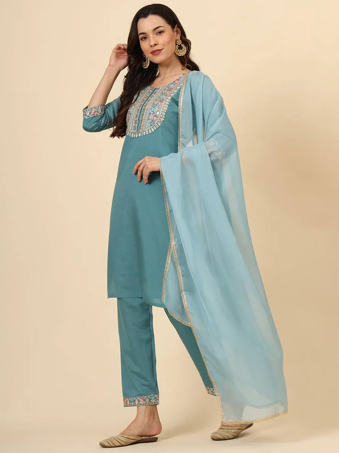 Aqua Blue Trendy Designer Readymade Pant Suit With Embroidery Work