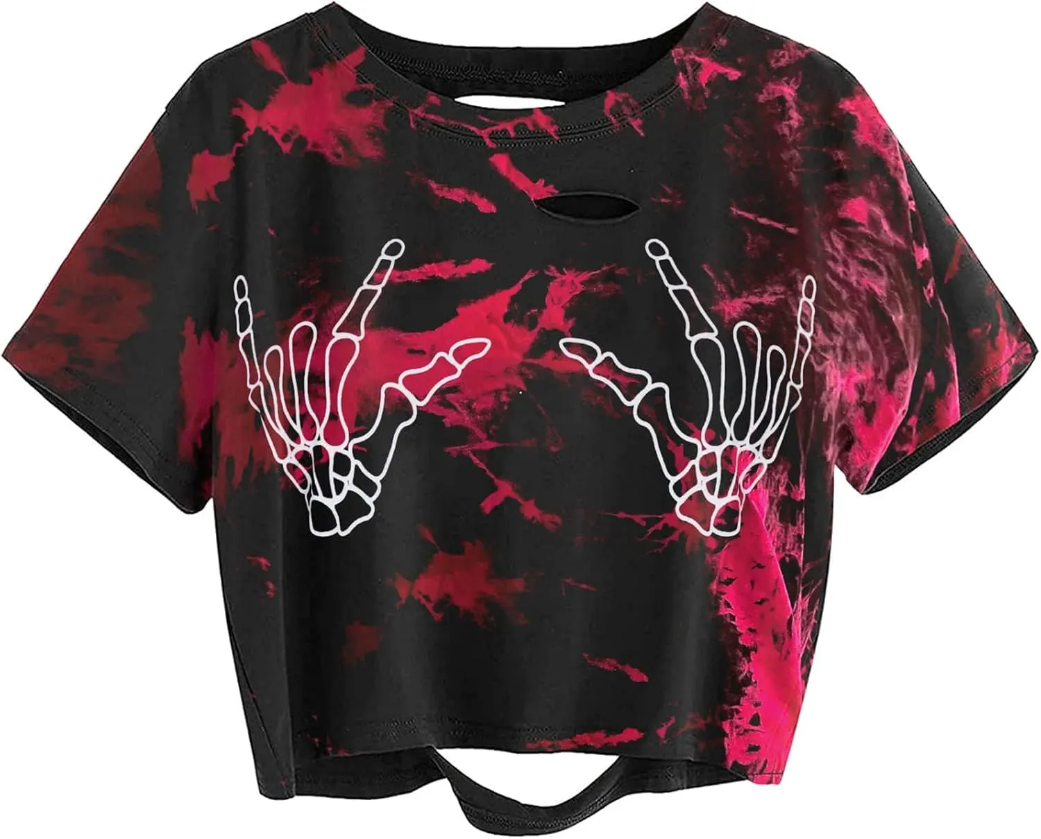 Avanova Women Skull Finger Graphic Distressed Tee Shirt Ripped Short Sleeve Crop Tops