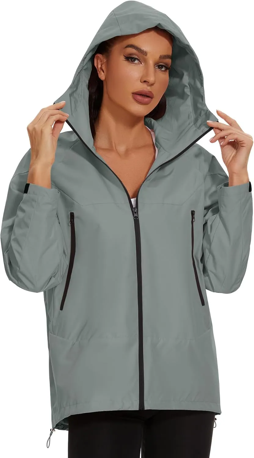 Avoogue Rain Jacket for Women Loose Fit Waterproof Lightweight Lined Rain Coat Hiking Windbreaker Jacket with Hood
