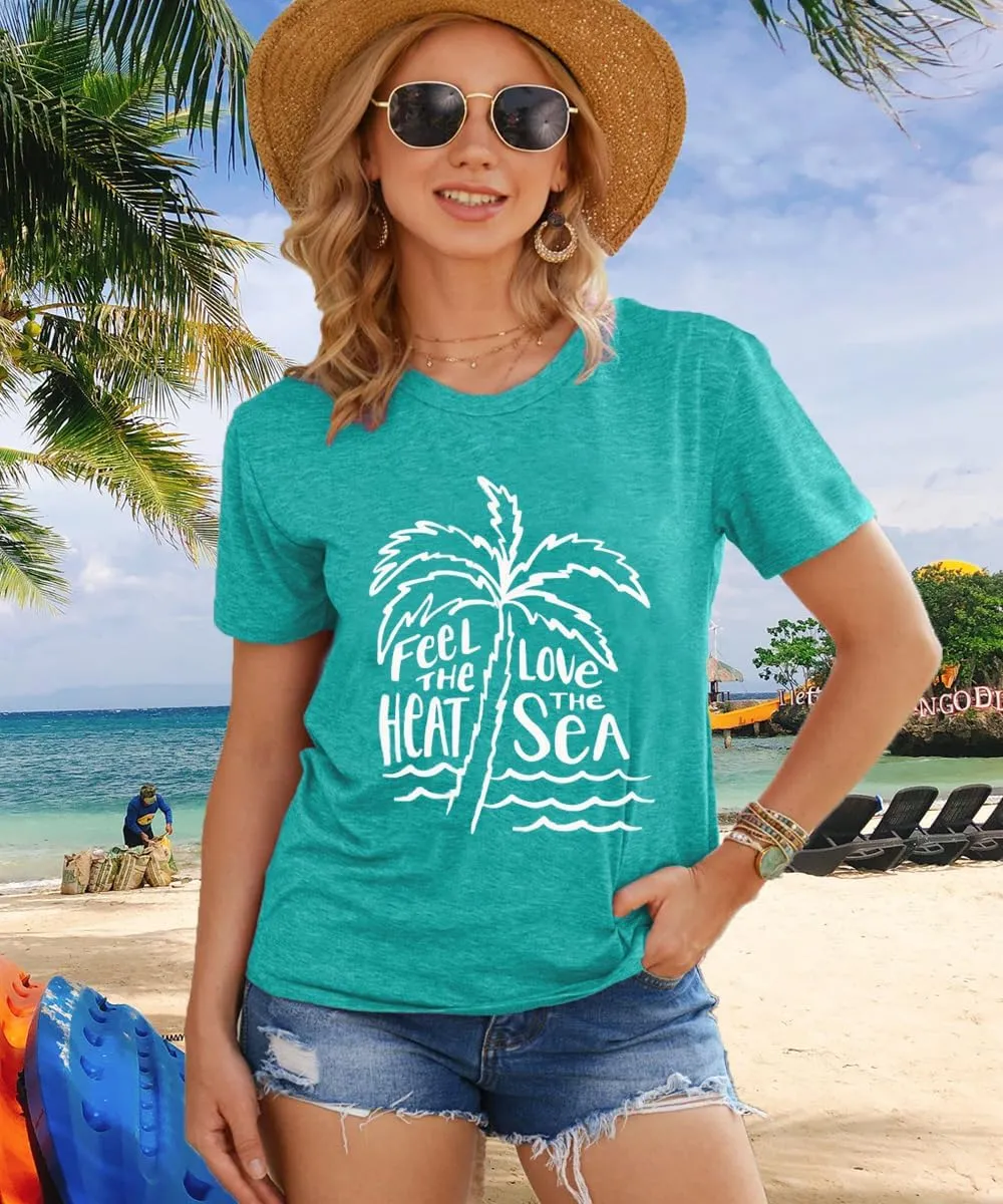Beach Tshirts Shirts for Women Fun Hawaiian Shirts Coconut Tree Letter Print Graphic Tee Summer Holiday Vacation Tops