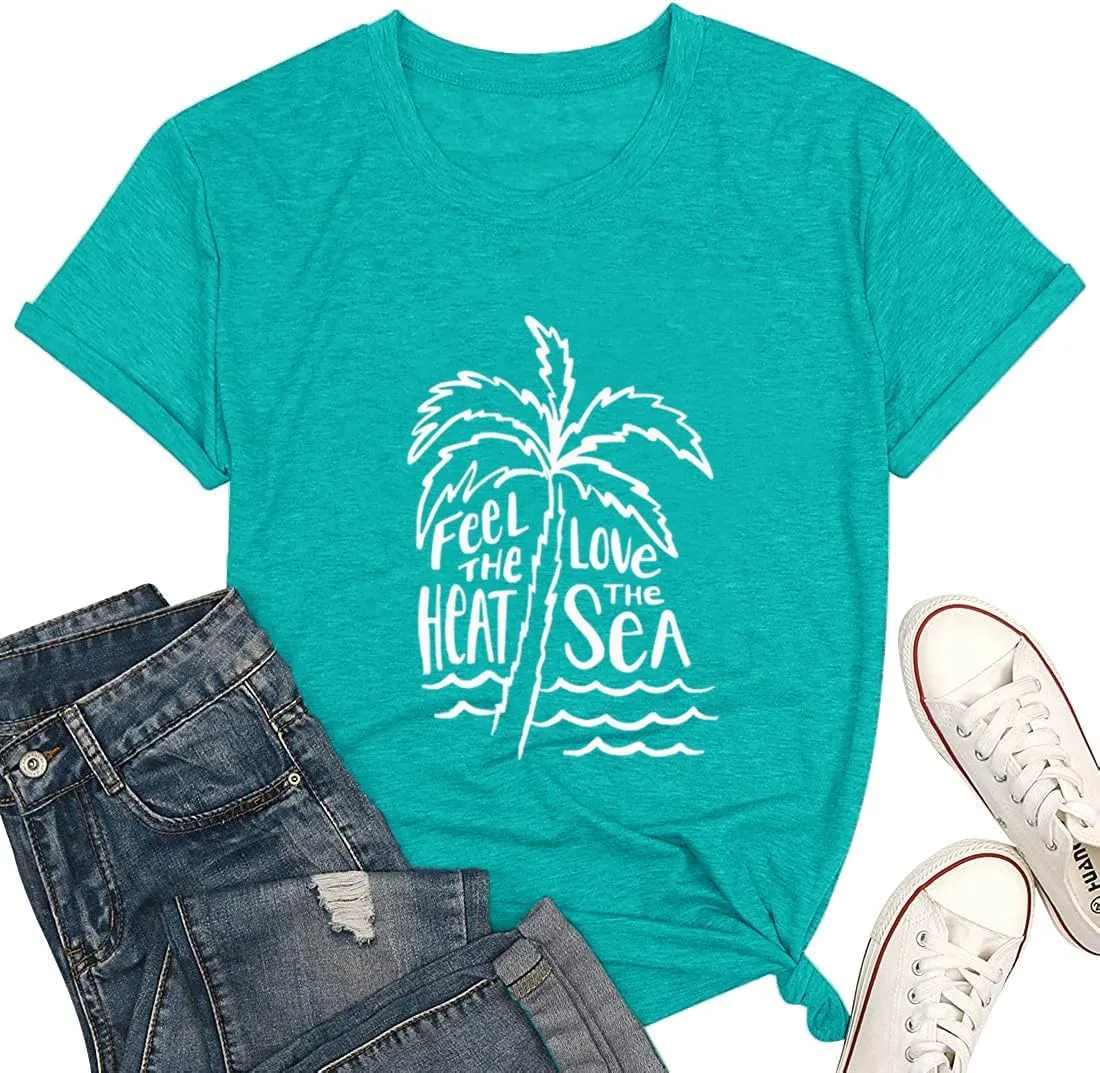 Beach Tshirts Shirts for Women Fun Hawaiian Shirts Coconut Tree Letter Print Graphic Tee Summer Holiday Vacation Tops