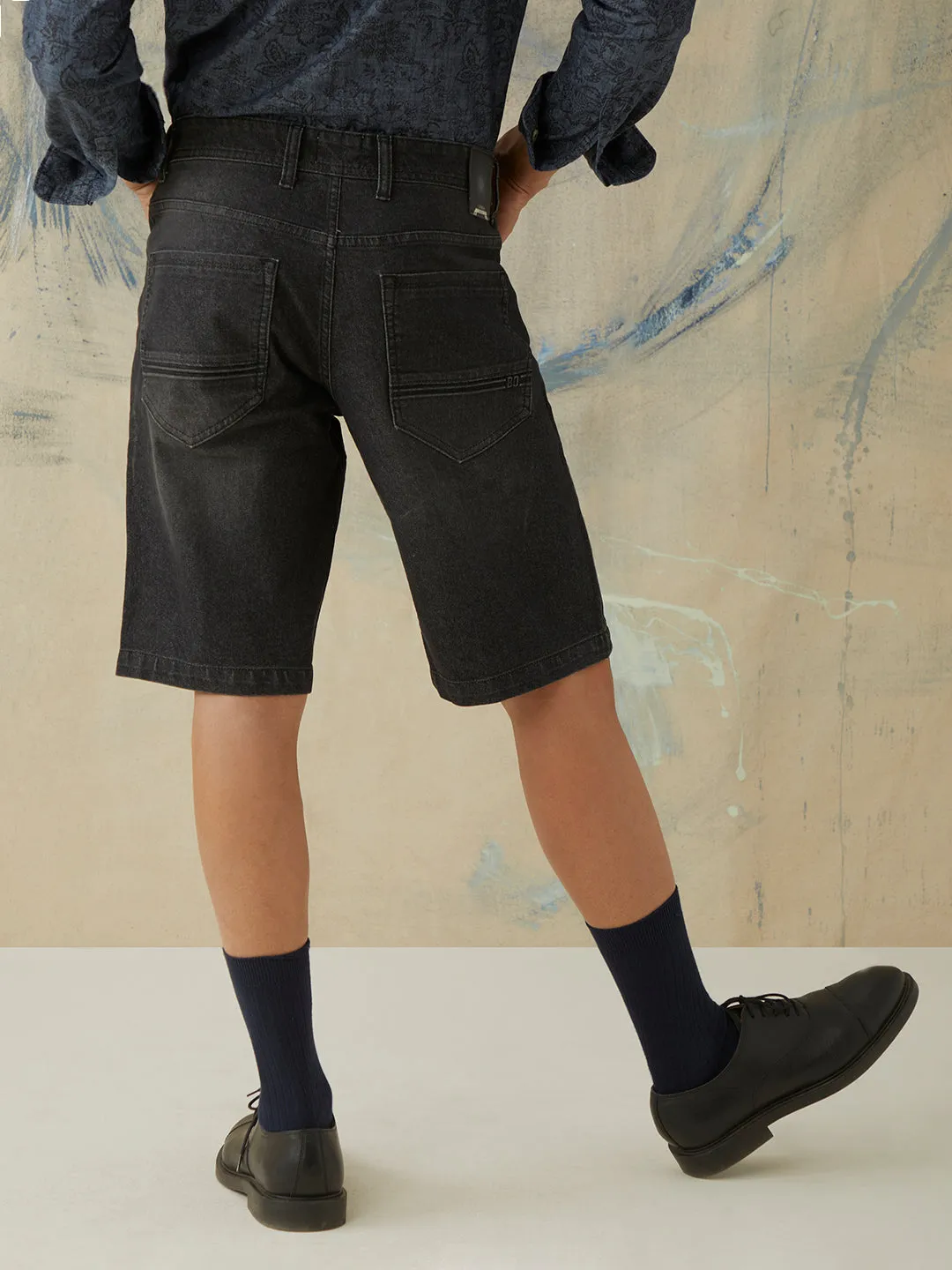 Black Plain Denim Stretch Shorts
