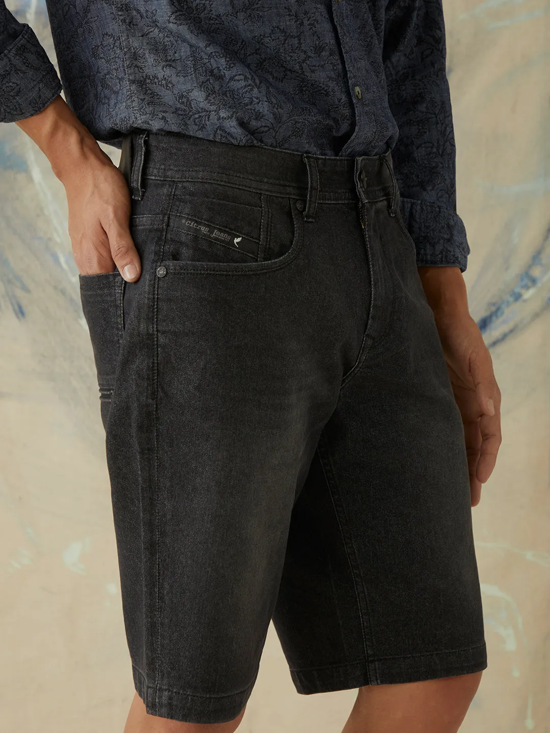 Black Plain Denim Stretch Shorts