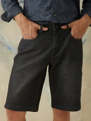 Black Plain Denim Stretch Shorts
