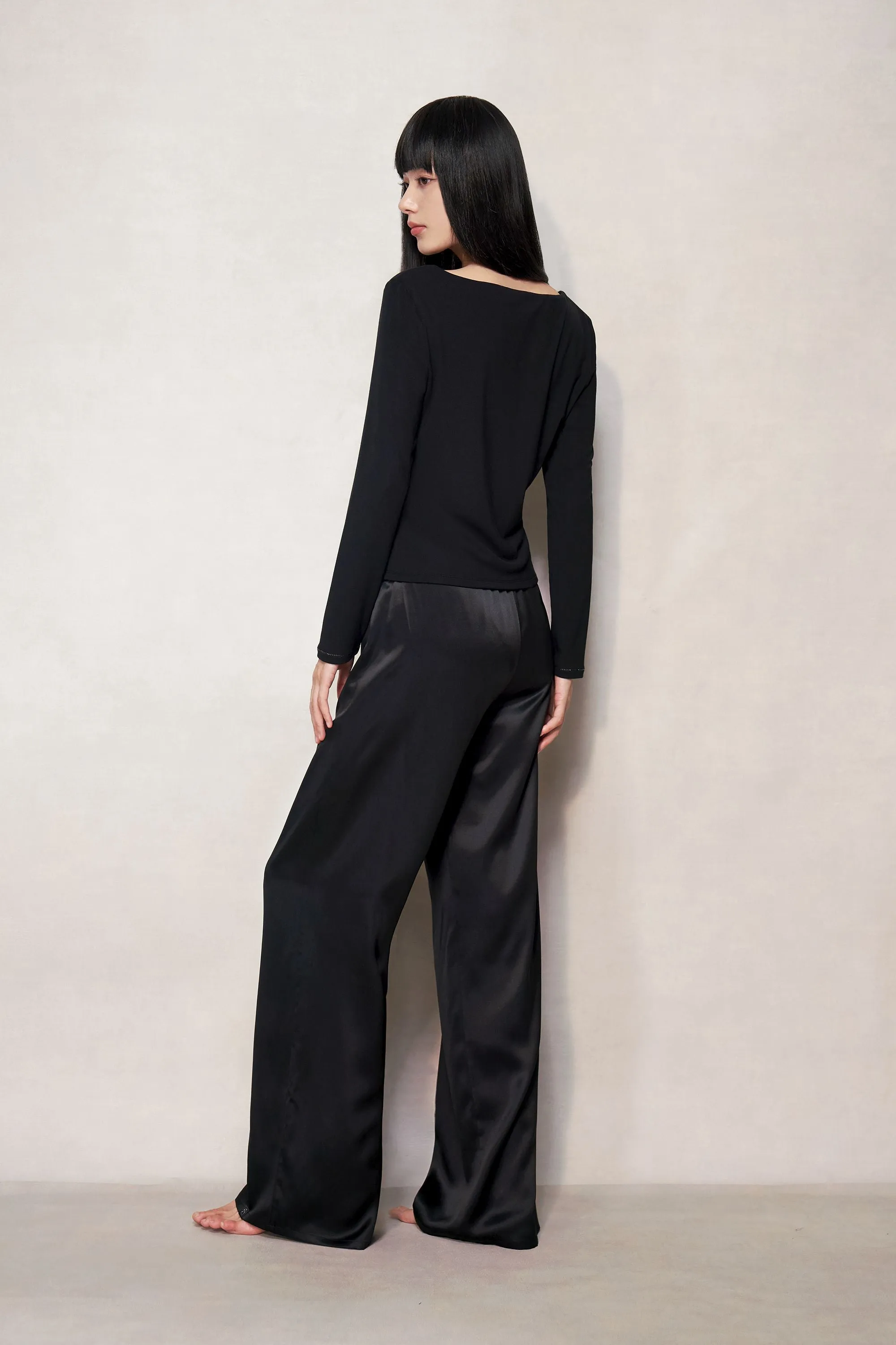 Black Silk Blend Long Sleeve Top