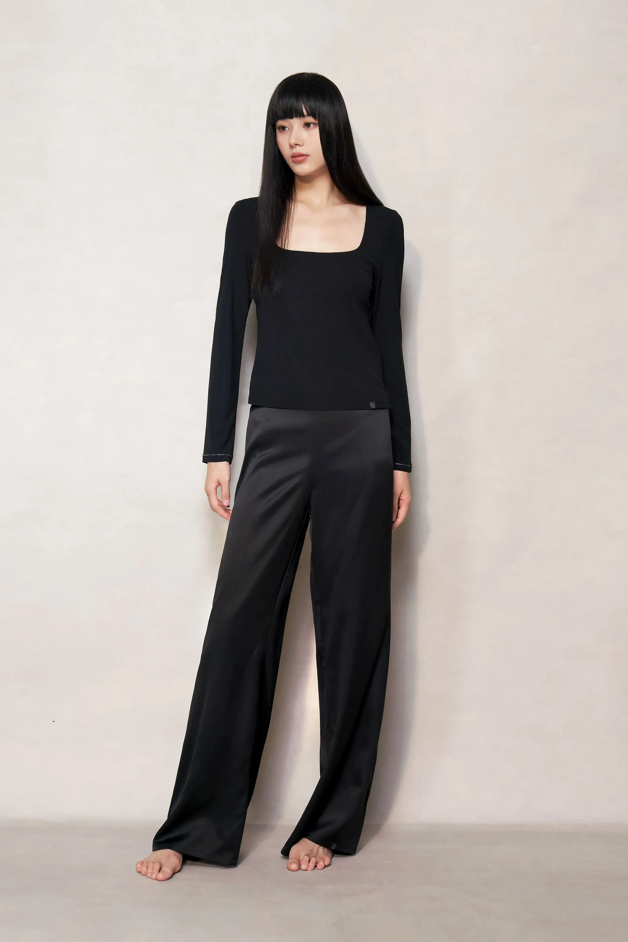 Black Silk Blend Long Sleeve Top