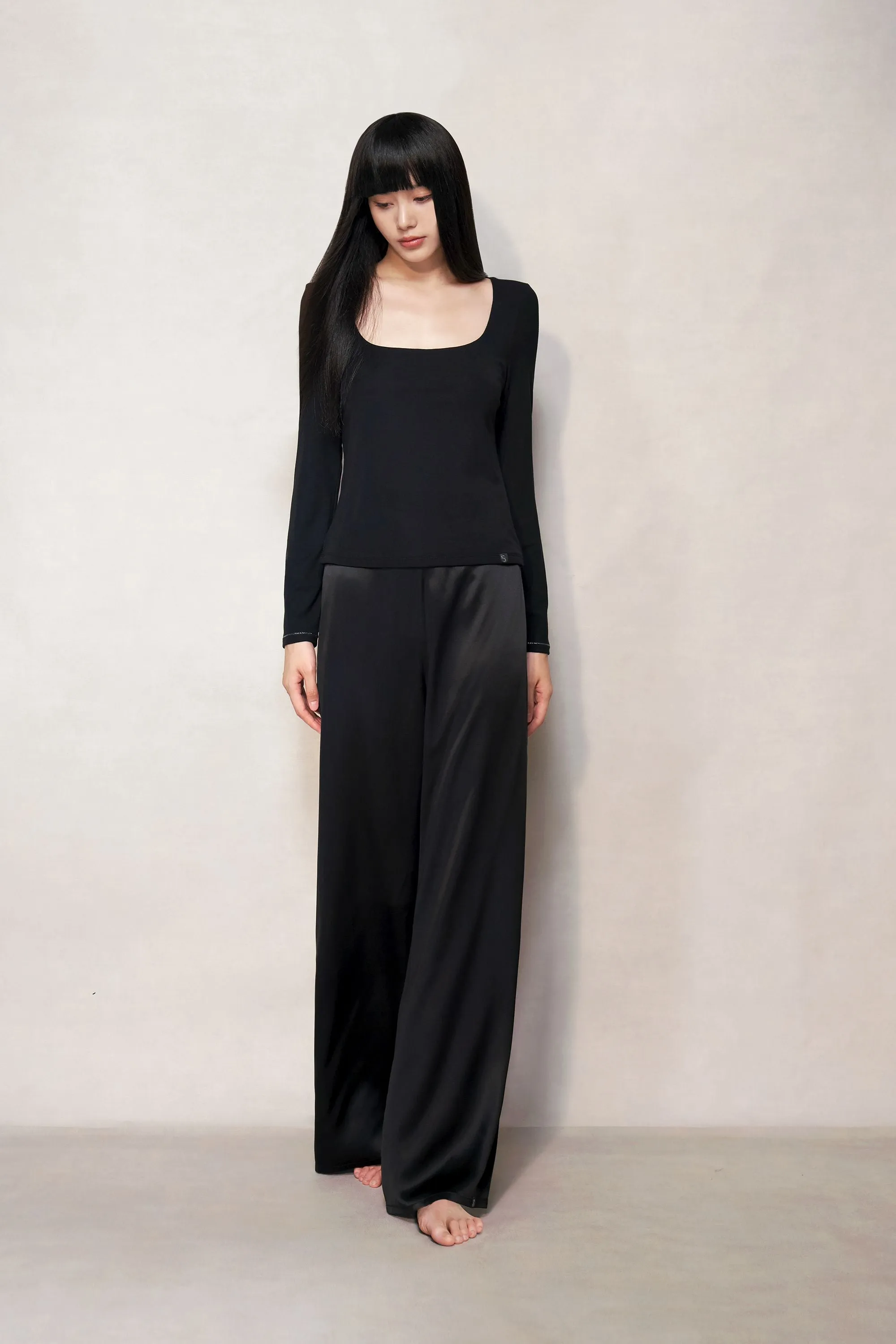 Black Silk Blend Long Sleeve Top