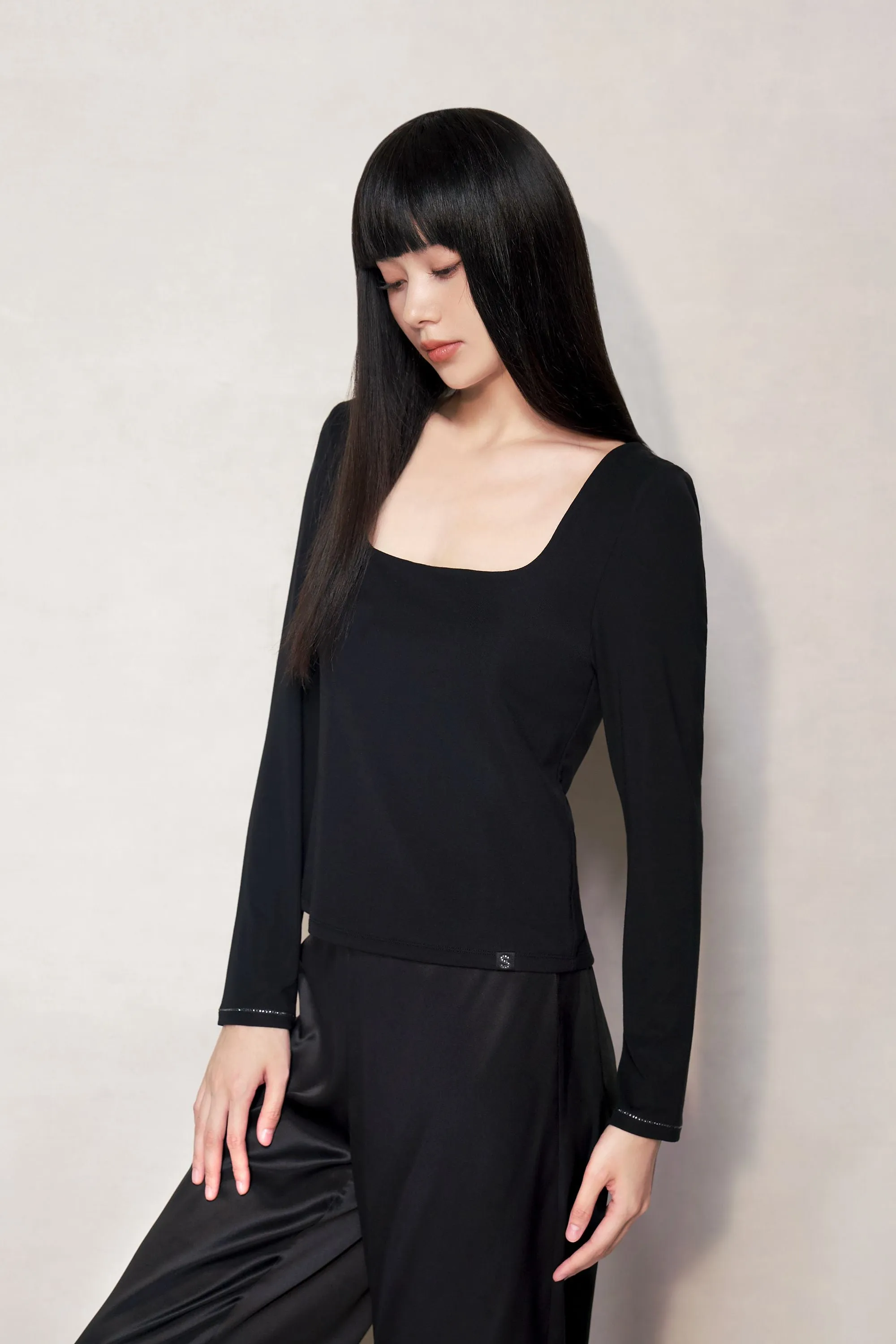 Black Silk Blend Long Sleeve Top