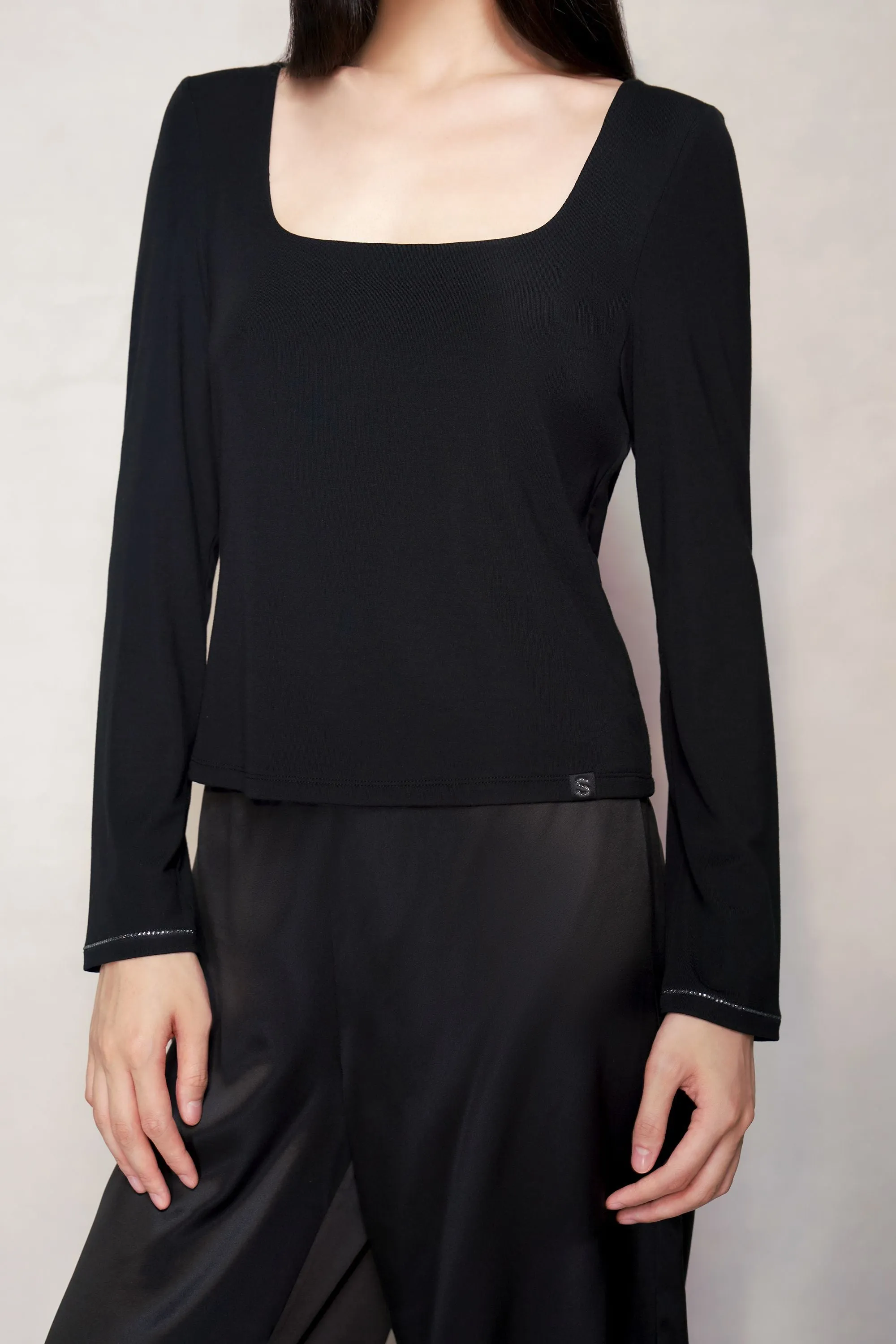 Black Silk Blend Long Sleeve Top