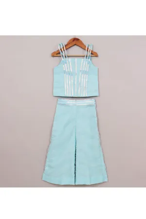Blue Lace Detailing Cotton Silk Sleeveless Top With Palazzo Set