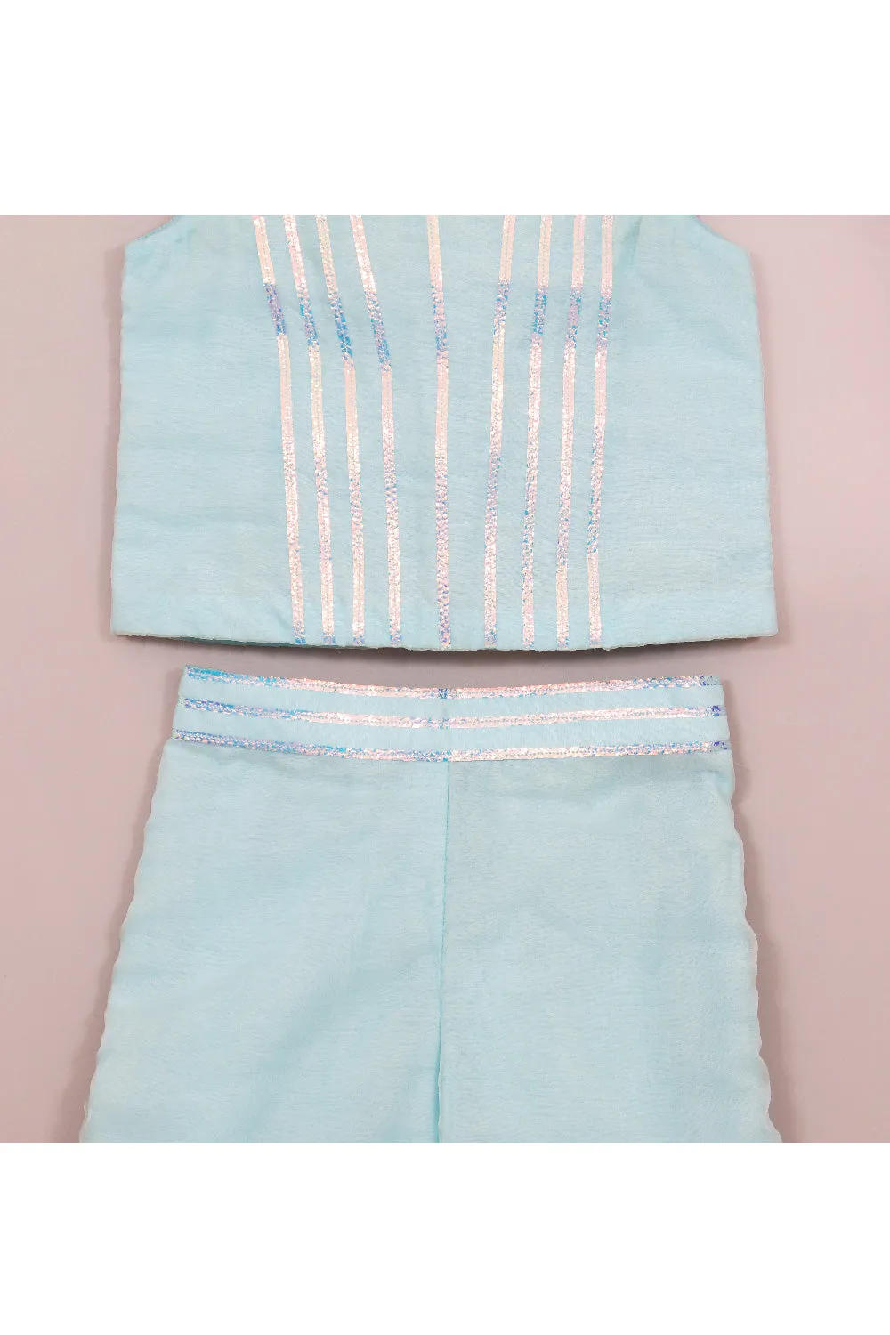 Blue Lace Detailing Cotton Silk Sleeveless Top With Palazzo Set