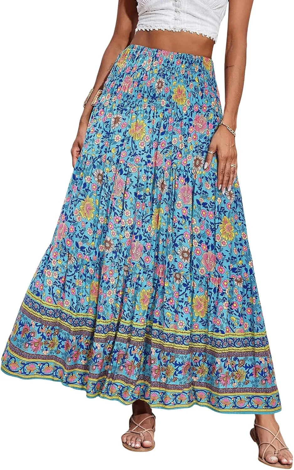 Boho Maxi Skirt for Women Summer Flowy Elastic High Waist Floral Print Skirts Fashion Tunic Color Block Beach Skirts