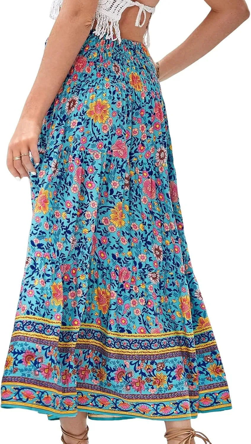 Boho Maxi Skirt for Women Summer Flowy Elastic High Waist Floral Print Skirts Fashion Tunic Color Block Beach Skirts
