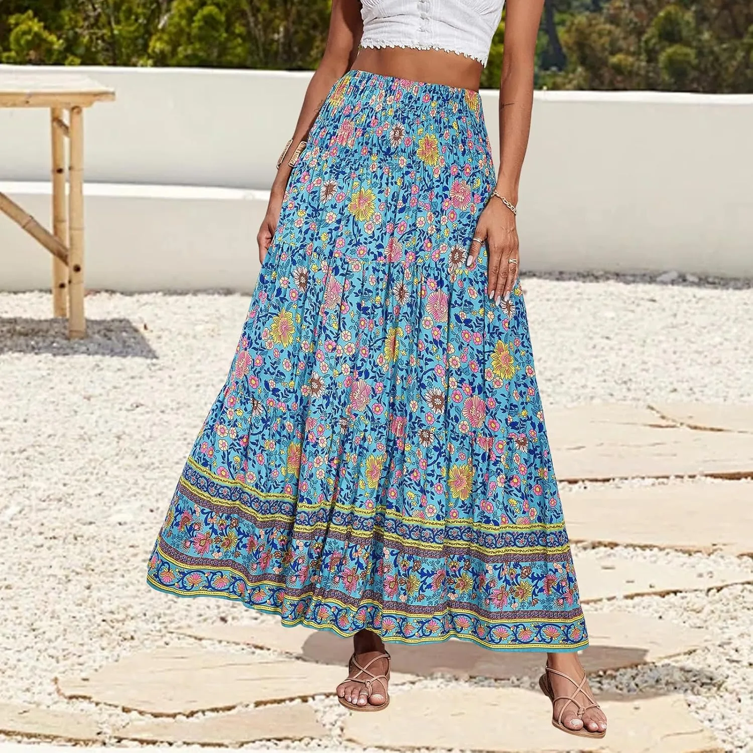 Boho Maxi Skirt for Women Summer Flowy Elastic High Waist Floral Print Skirts Fashion Tunic Color Block Beach Skirts