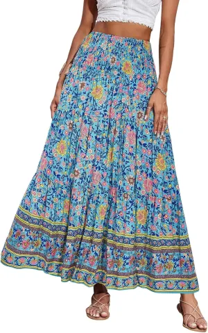 Boho Maxi Skirt for Women Summer Flowy Elastic High Waist Floral Print Skirts Fashion Tunic Color Block Beach Skirts