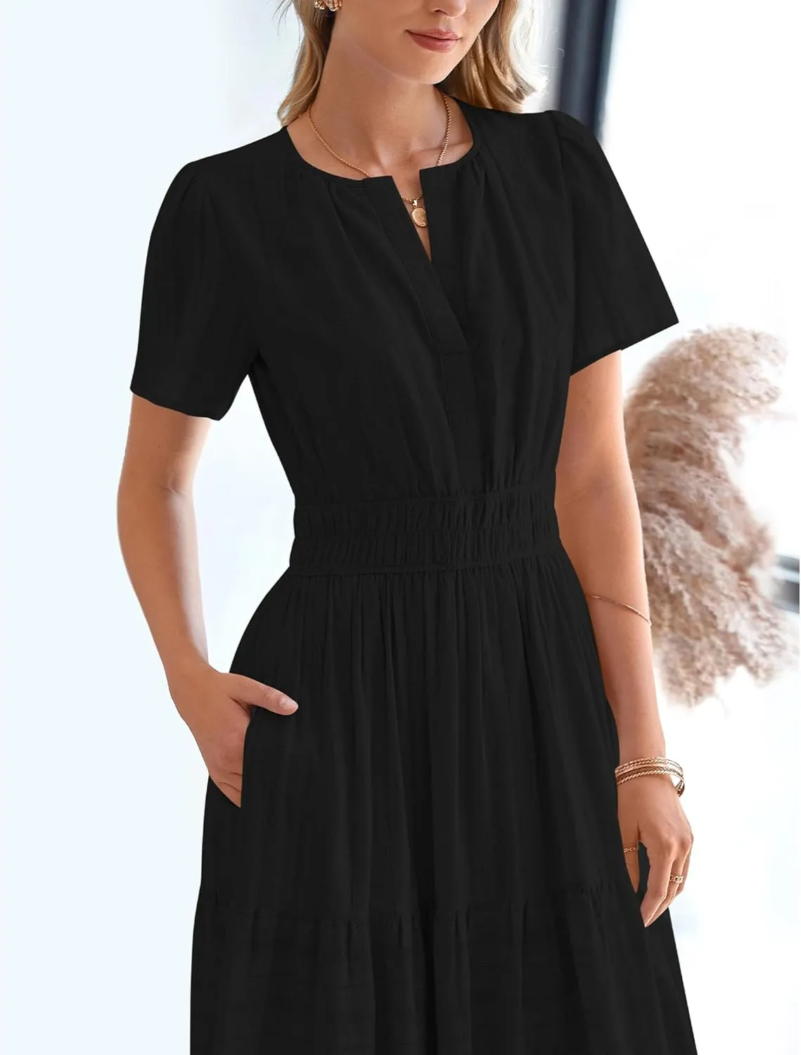 BTFBM Womens Summer 2025 Casual Midi Maxi Dresses Lightweight Short Sleeve V Neck Elastic Waist Boho Beach Dress Pockets