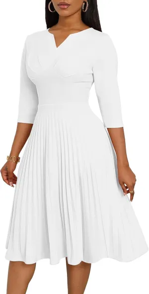 CLOCOR Midi Dresses for Women Casual Wrap Flared Pleated Dress A Line 3/4 Sleeve V Neck Church Cocktail Wedding Guest Dress