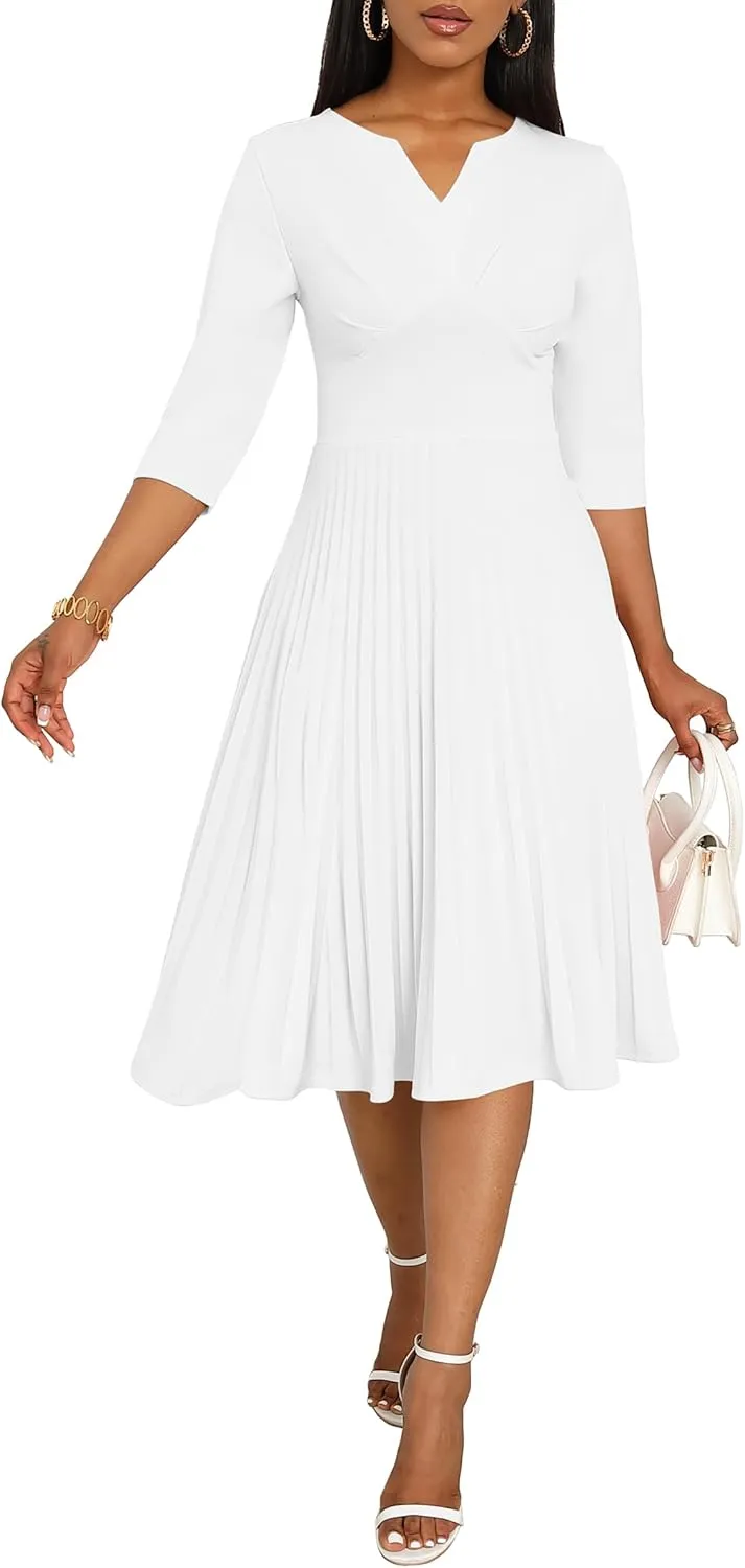 CLOCOR Midi Dresses for Women Casual Wrap Flared Pleated Dress A Line 3/4 Sleeve V Neck Church Cocktail Wedding Guest Dress