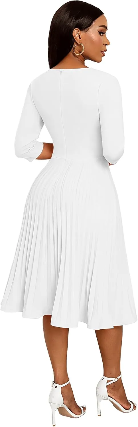CLOCOR Midi Dresses for Women Casual Wrap Flared Pleated Dress A Line 3/4 Sleeve V Neck Church Cocktail Wedding Guest Dress