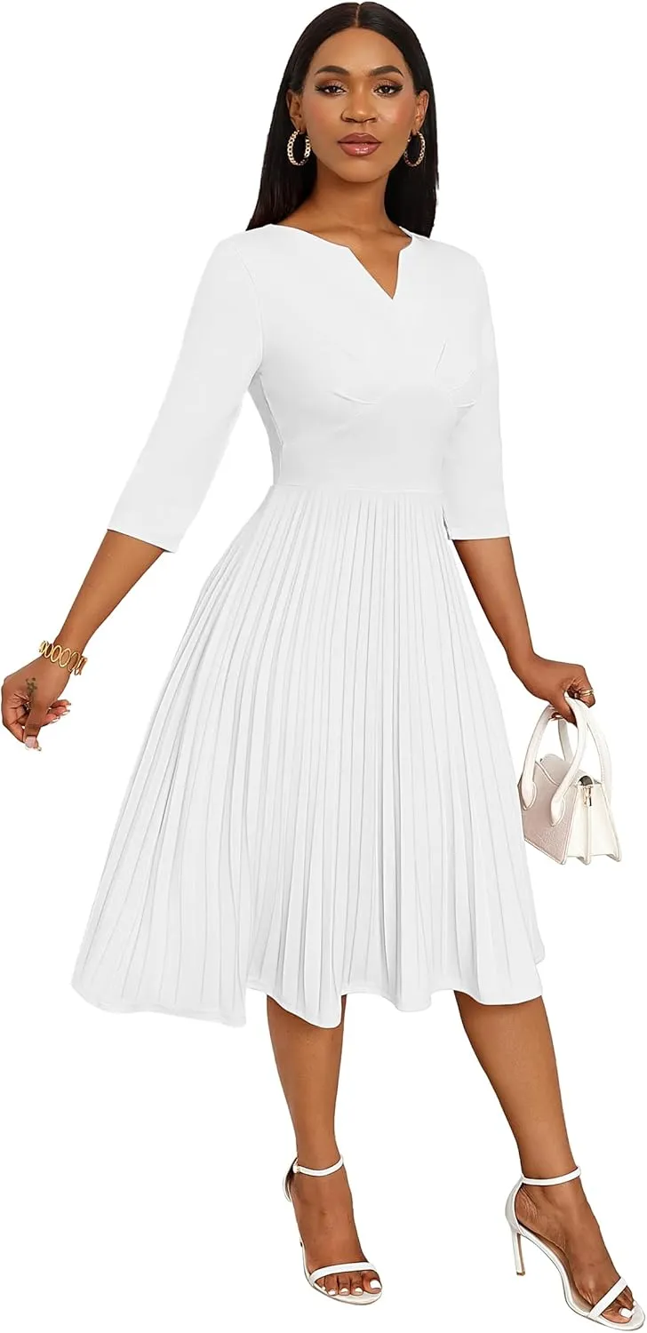 CLOCOR Midi Dresses for Women Casual Wrap Flared Pleated Dress A Line 3/4 Sleeve V Neck Church Cocktail Wedding Guest Dress