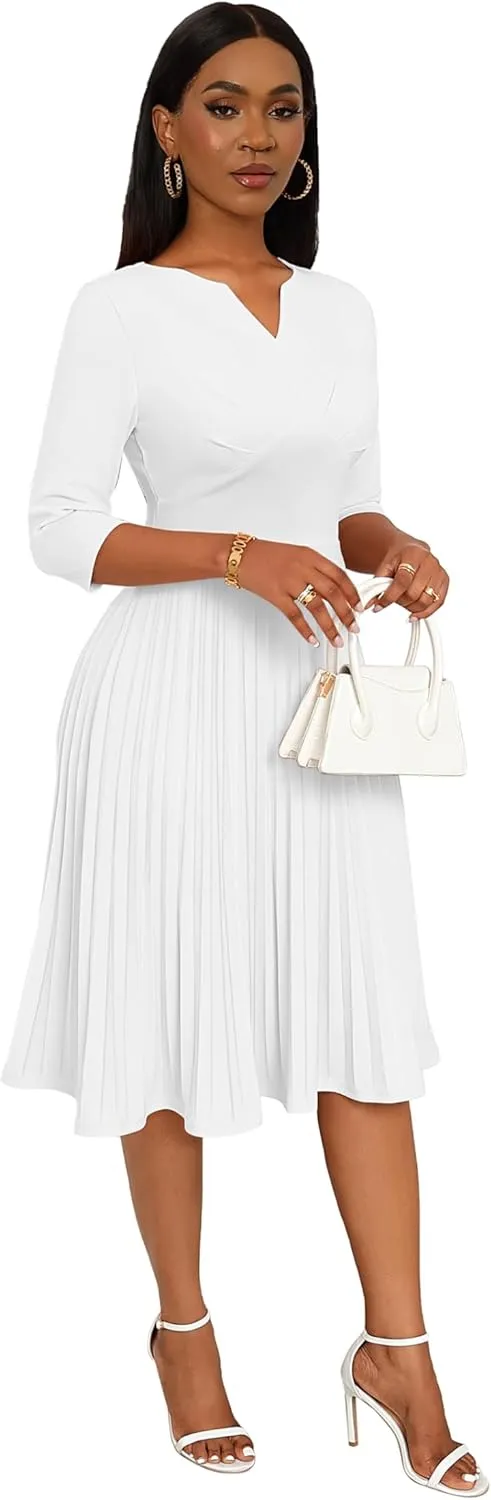 CLOCOR Midi Dresses for Women Casual Wrap Flared Pleated Dress A Line 3/4 Sleeve V Neck Church Cocktail Wedding Guest Dress