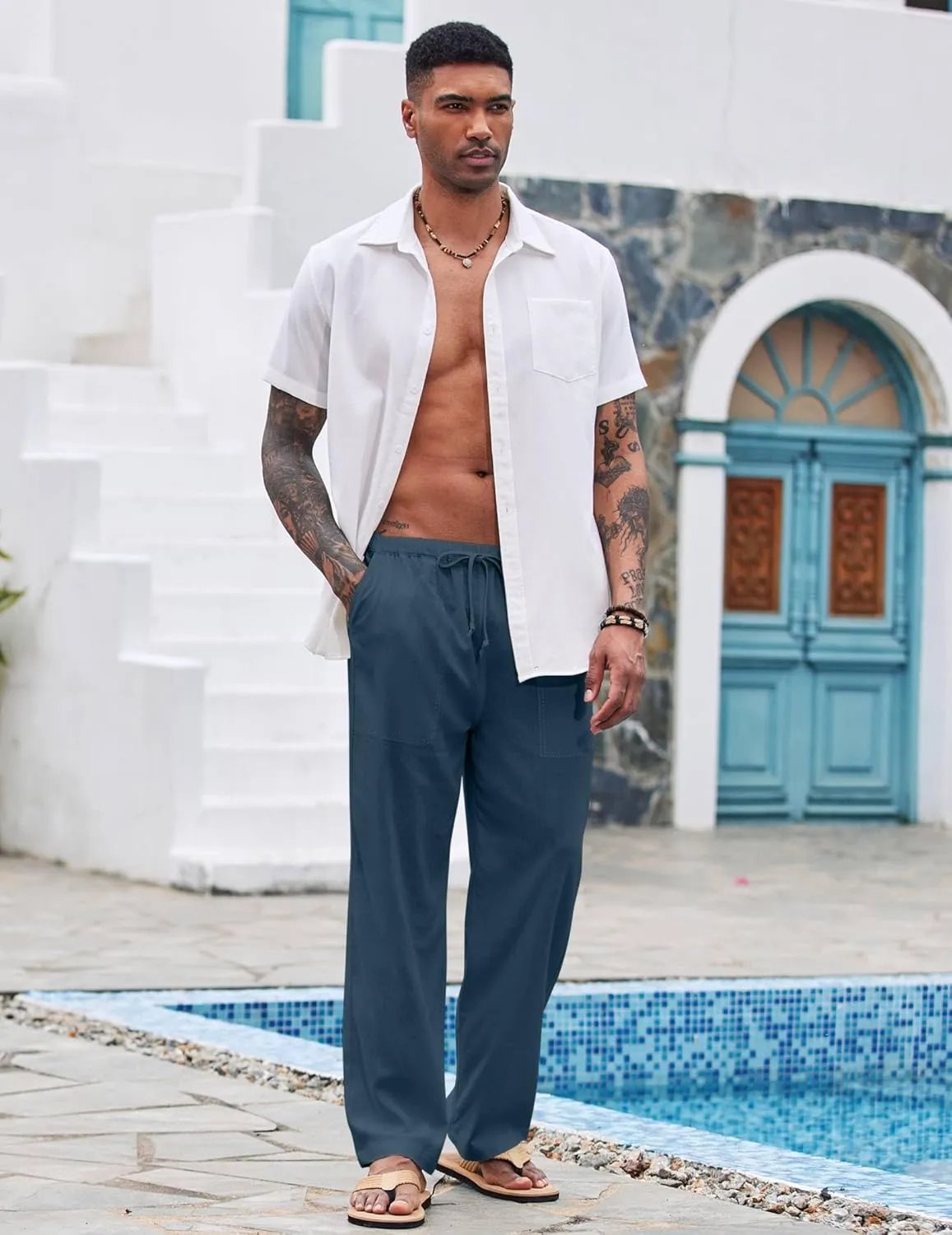 COOFANDY Mens Casual Linen Pants Elastic Waist Linen Pants Drawstring Summer Beach Yoga Linen Trouser