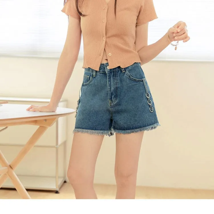 COTTON HIGH WAIST FRAYED HEM A-LINE DENIM SHORTS