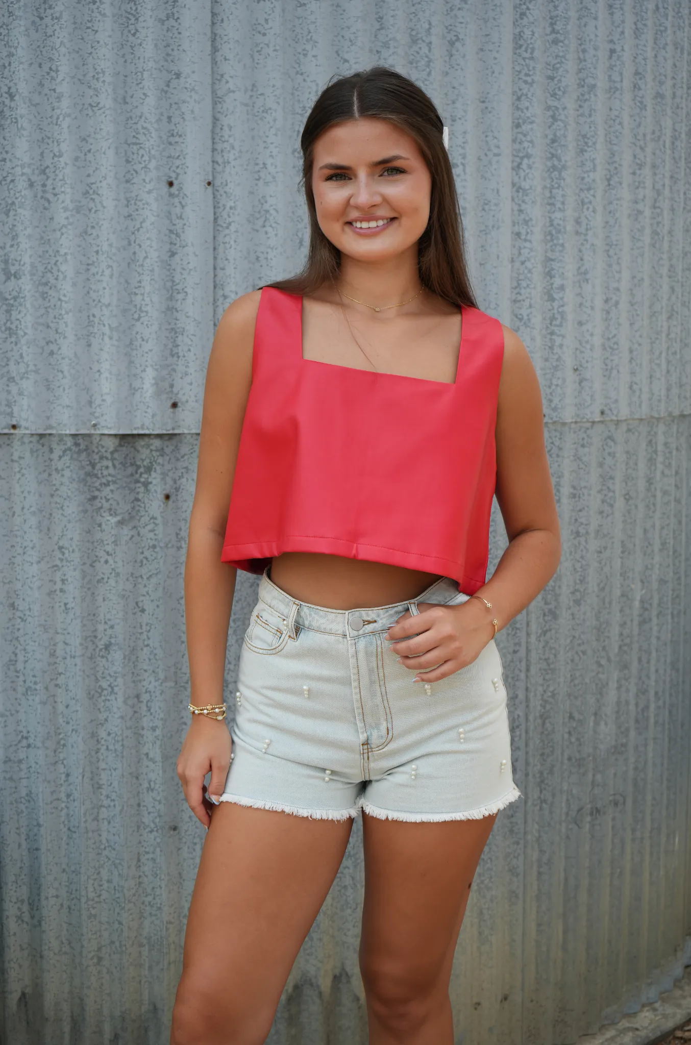 Dixon Pearl Beaded Denim Shorts Light Wash