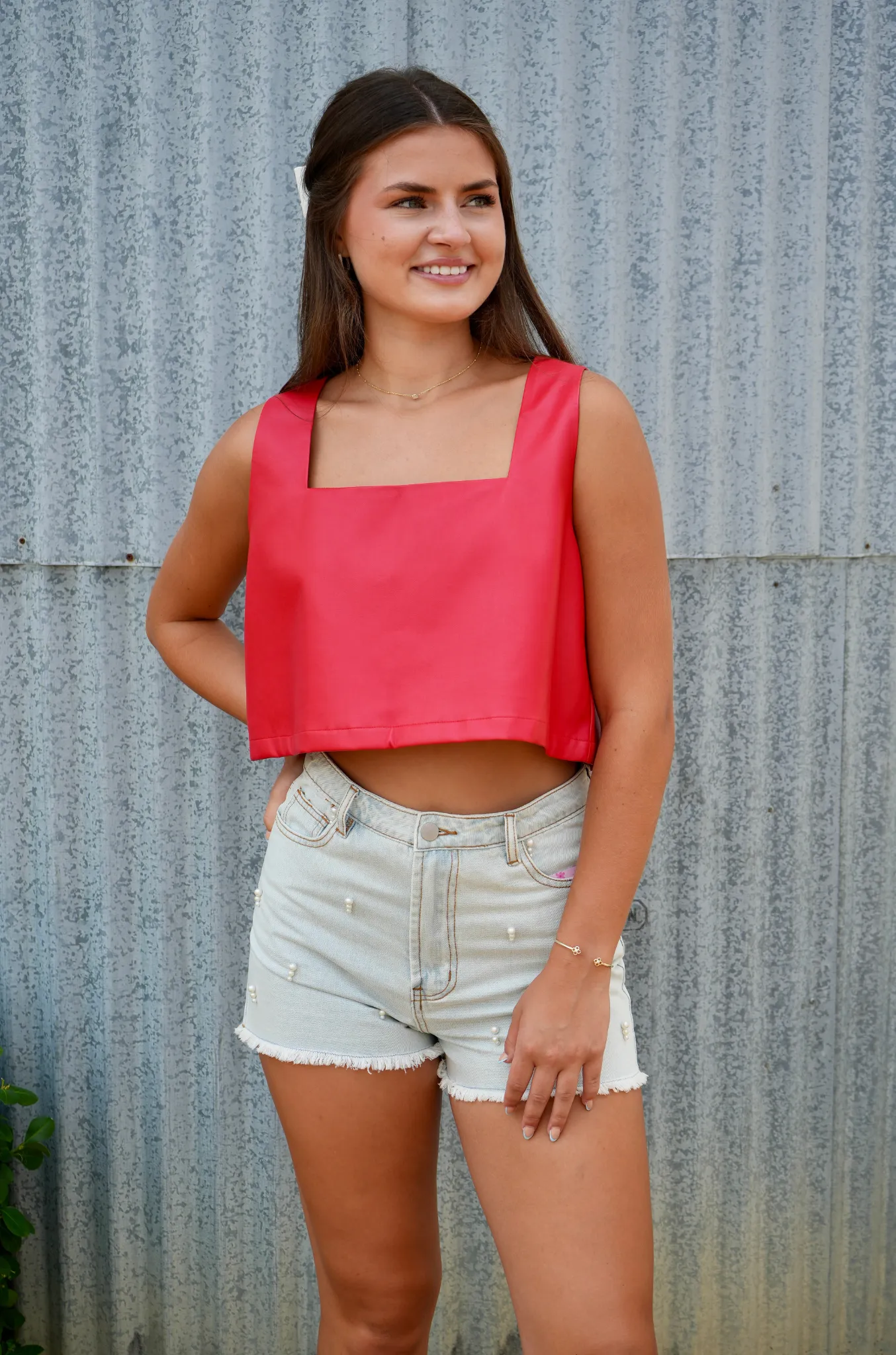 Dixon Pearl Beaded Denim Shorts Light Wash