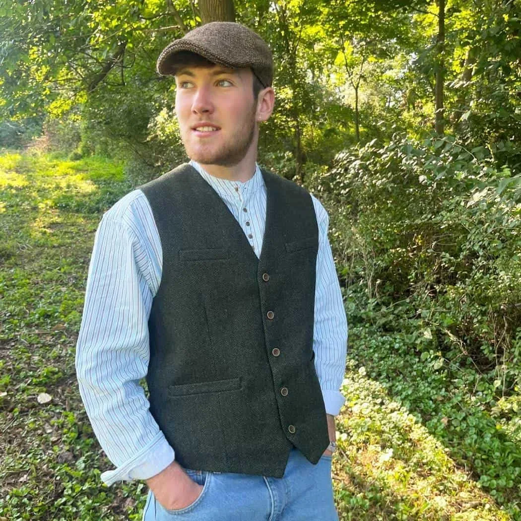 Emerald Isle Men's Herringbone Tweed Vest, 5-Button Closure, Wool Blend, Adjustable Back Strap