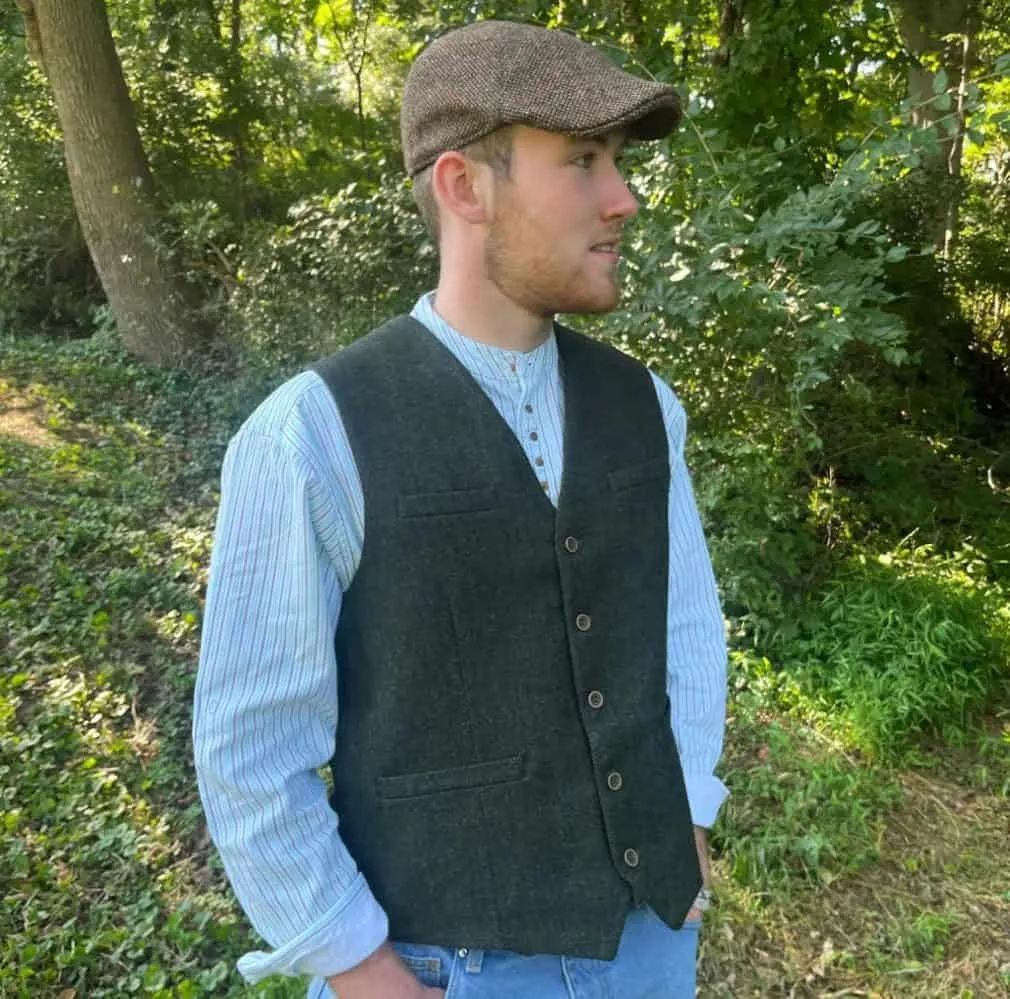 Emerald Isle Men's Herringbone Tweed Vest, 5-Button Closure, Wool Blend, Adjustable Back Strap