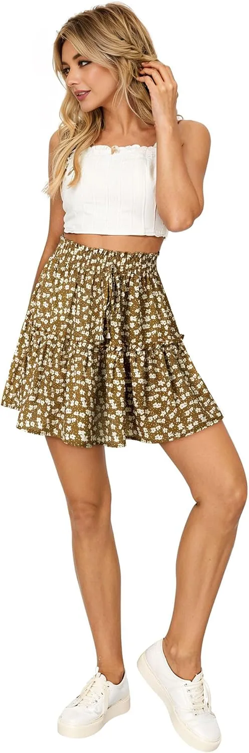 Ezcosplay Women Boho Ruffle Floral Mini Skirt High Waisted Ditsy Floral A Line Summer Beach Short Skirt