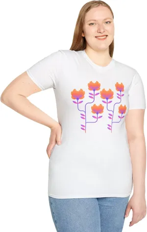 Floral Graphic Tee, Orange Purple Abstract Flower Shirt, Softstyle Unisex T-Shirt, Bright Floral Print Top, Hipster Tee,