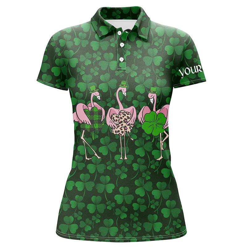 Funny Womens sleeveless polo shirt green clover St Patrick day custom Flamingo golf friends