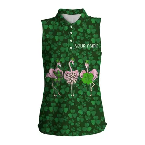 Funny Womens sleeveless polo shirt green clover St Patrick day custom Flamingo golf friends