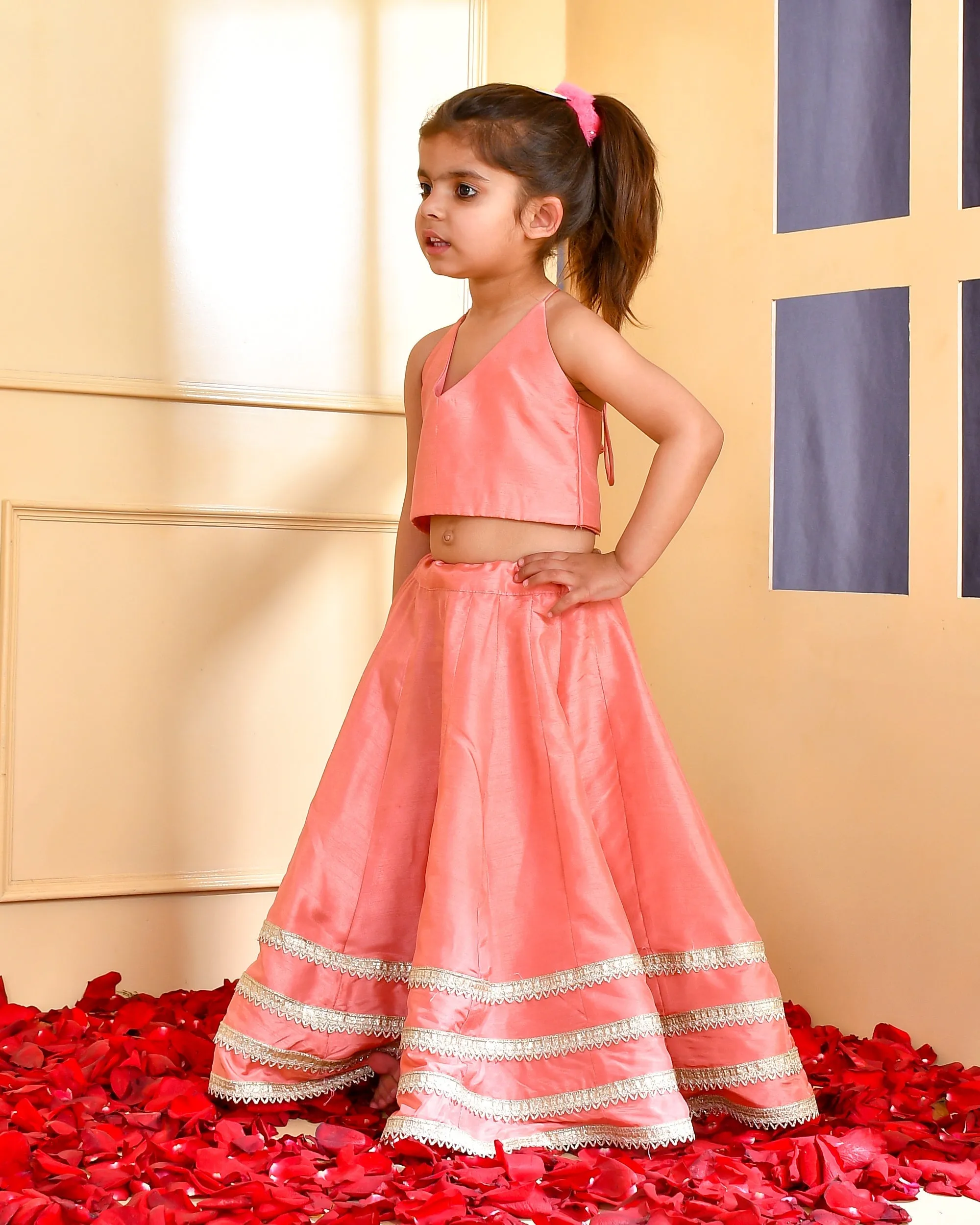 Girl's Peach Silk Lehenga Set - Rangpur