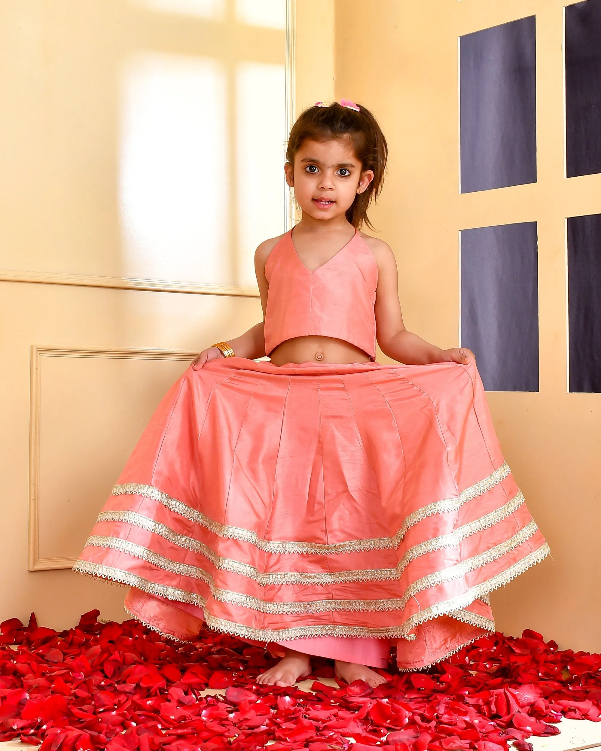 Girl's Peach Silk Lehenga Set - Rangpur