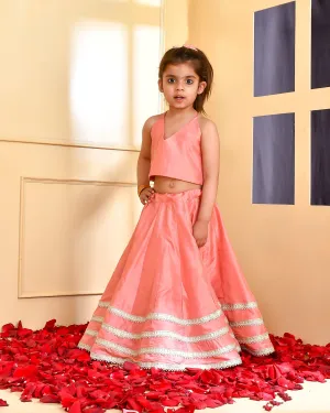 Girl's Peach Silk Lehenga Set - Rangpur