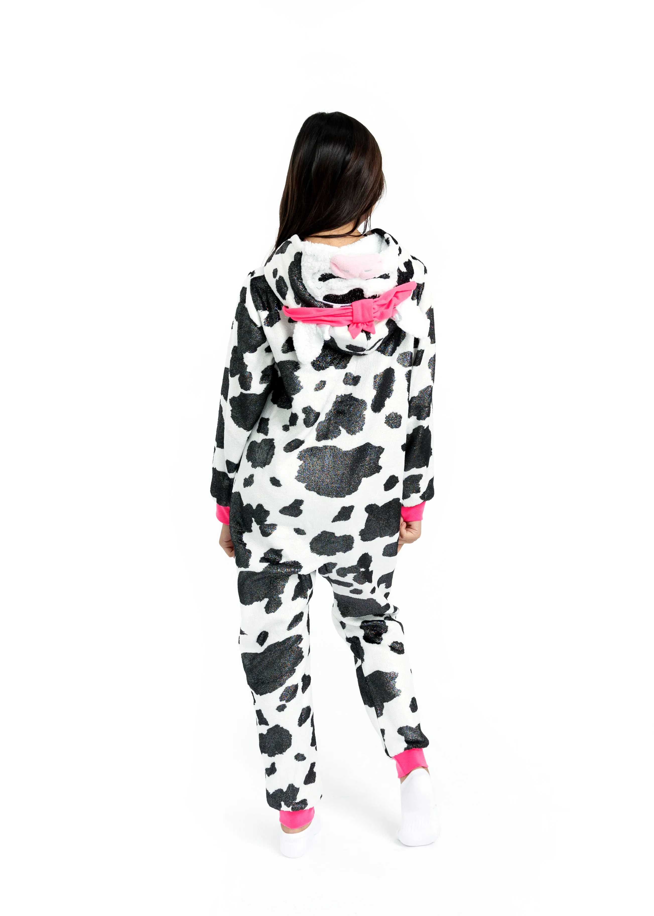 Girls Pretty Cow Leopard Zip-Up Hooded Sleeper Pajama with Built Up 3D Character Hood
