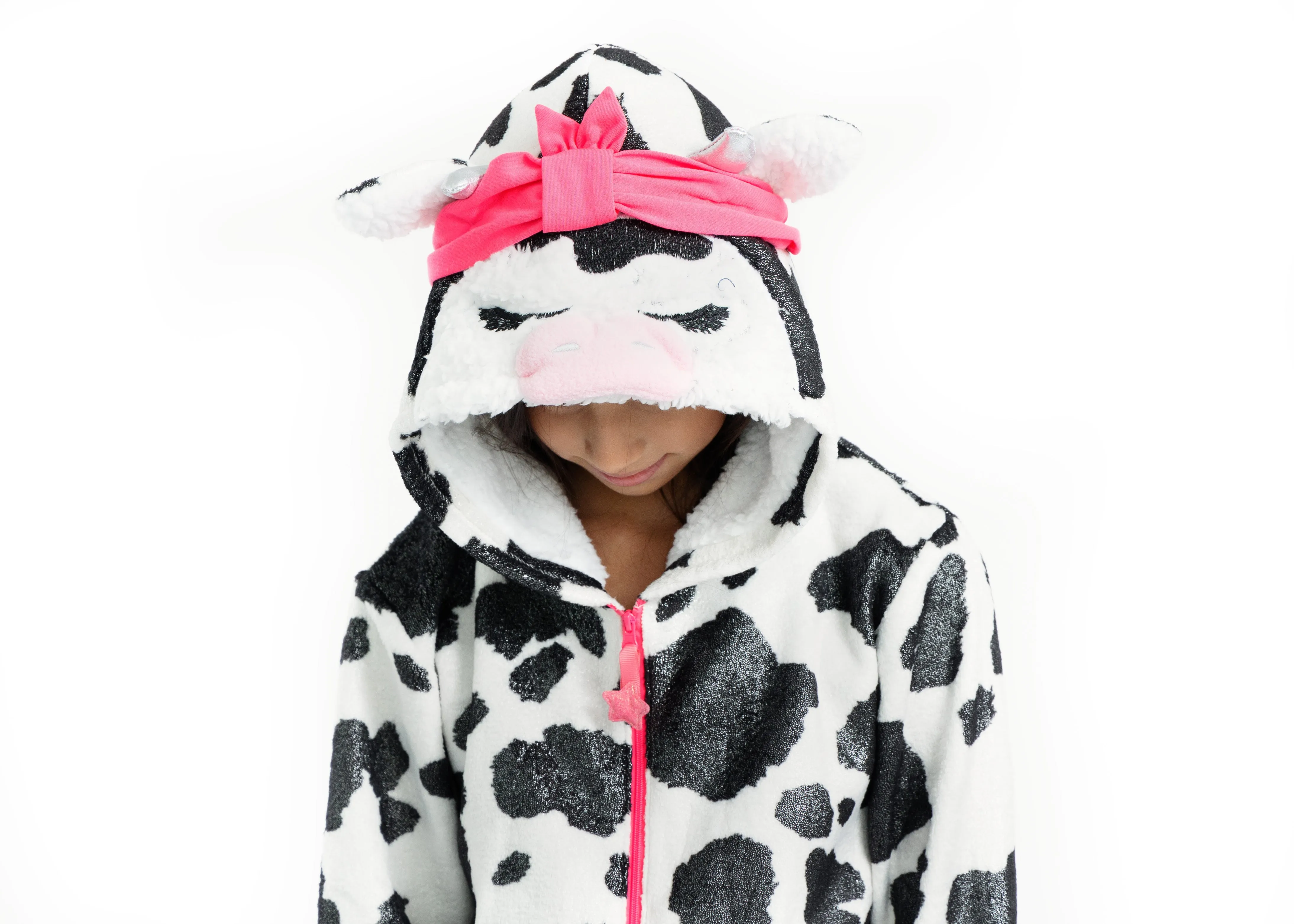Girls Pretty Cow Leopard Zip-Up Hooded Sleeper Pajama with Built Up 3D Character Hood