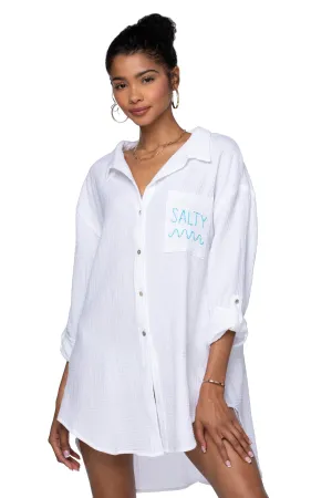 Good Vibes Cotton Gauze Shirt Mini Dress _ Salty (waves) Embroidery